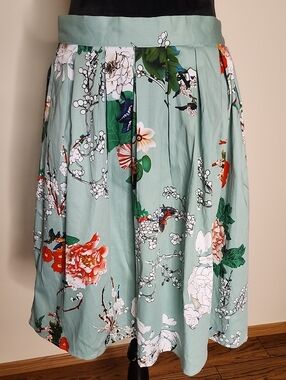 NWT Green Floral Pleated Midi Skirt Adjustable Waist Medium Grace Karin